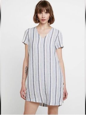 Madewell Blue Striped V-Neck Linen Dress